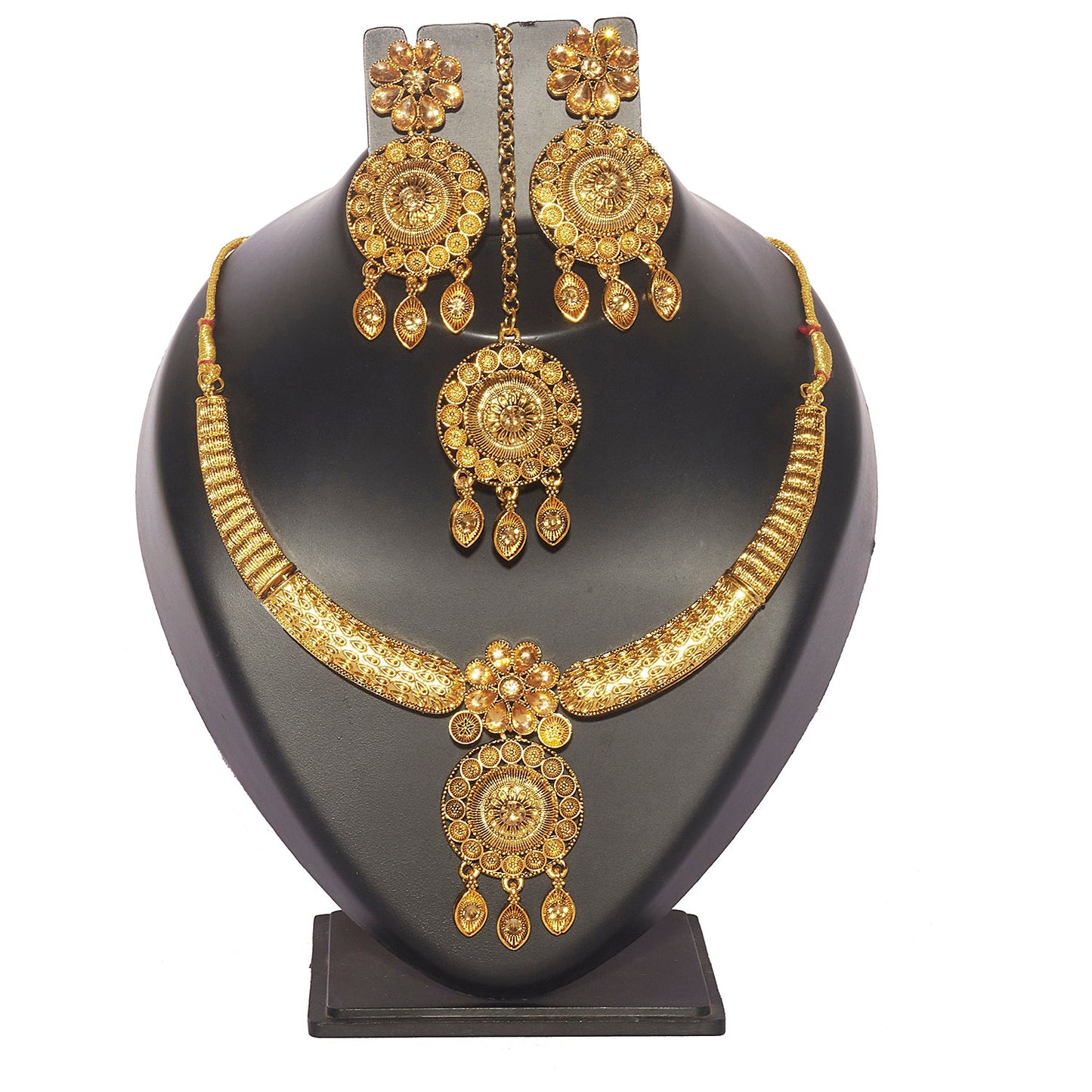 18K Antique Gold Plated One Gram Bridal Jewellery Combo Necklace Set with Tikka and Earrings for Women (SJ_2864)