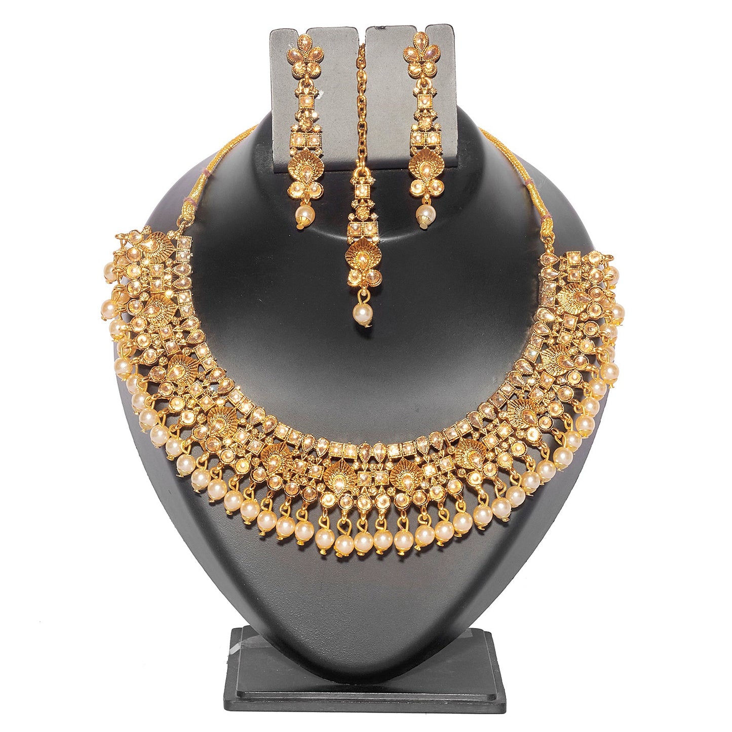 18K Antique Gold Plated One Gram Bridal Jewellery Combo Necklace Set with Tikka and Earrings for Women (SJ_2865)