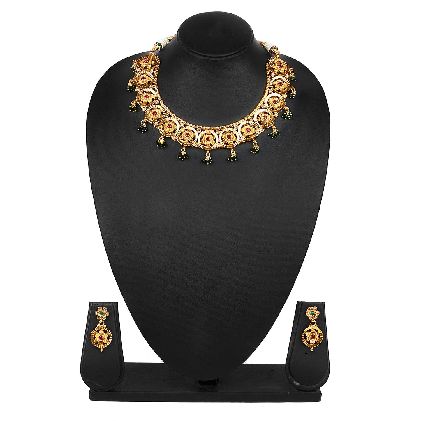 Pure Copper One Gram Kundan and Ruby Emerald CZ Studded Necklace Combo Jewellery Set for Women wiith Earrings for Women (SJ_2871)