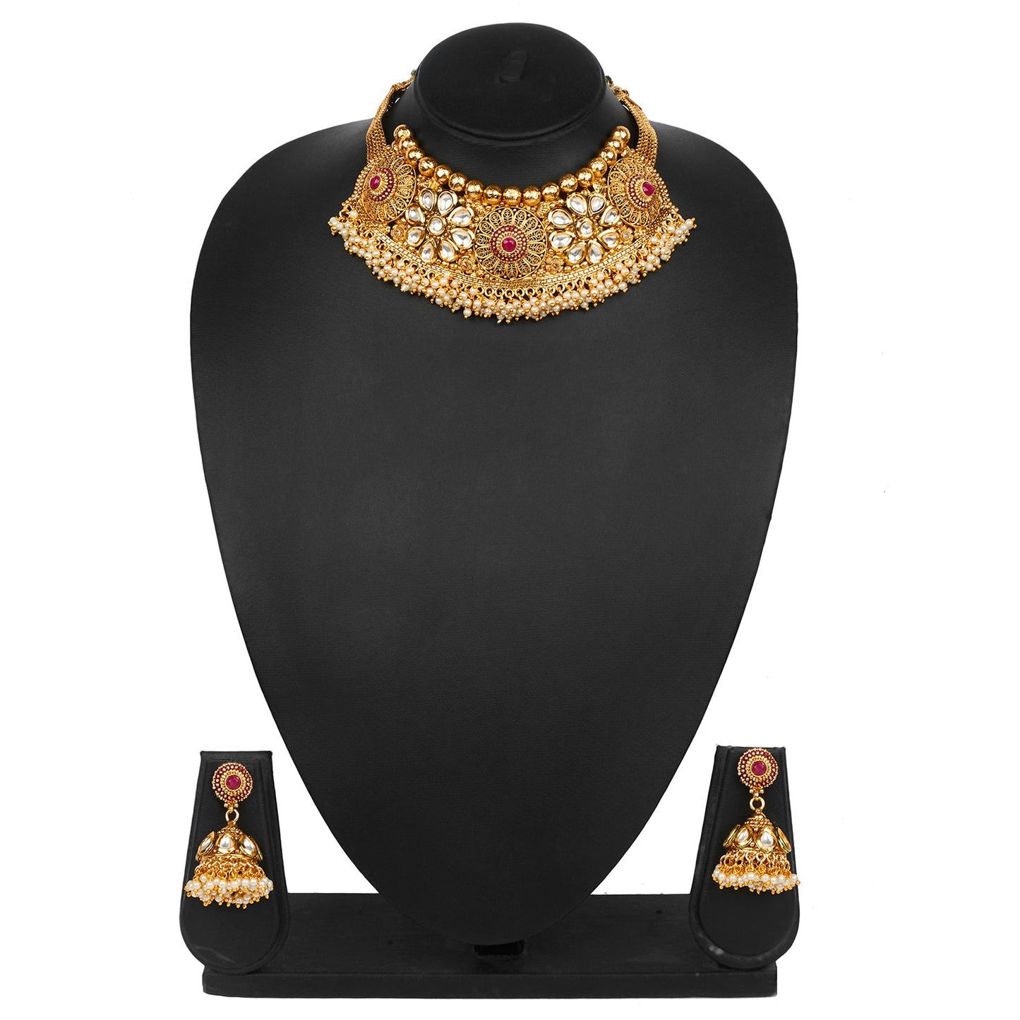 Pure Copper One Gram Kundan and Ruby Emerald CZ Studded Choker Necklace Combo Jewellery Set for Women wiith Kundan Earrings for Women (SJ_2873)