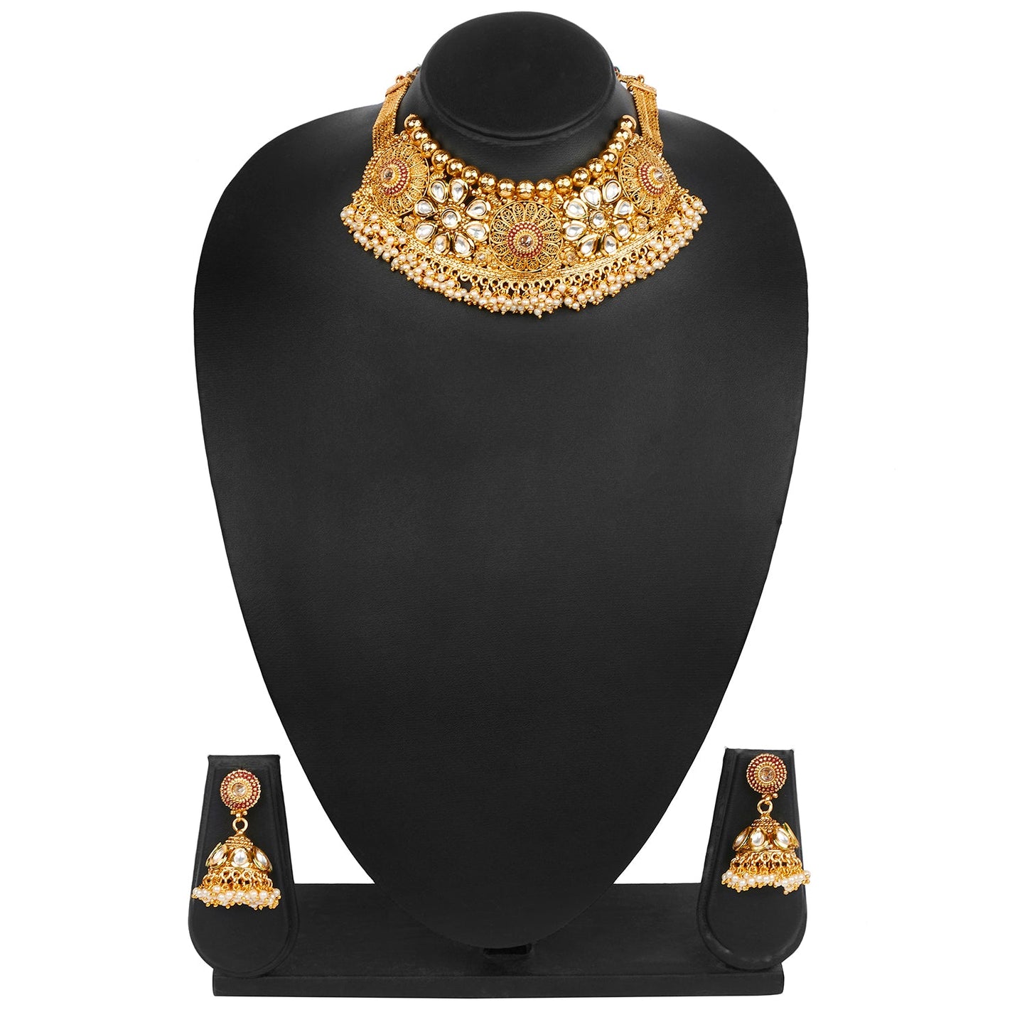 Pure Copper One Gram Kundan and Ruby Emerald CZ Studded Choker Necklace Combo Jewellery Set for Women wiith Kundan Earrings for Women (SJ_2874)