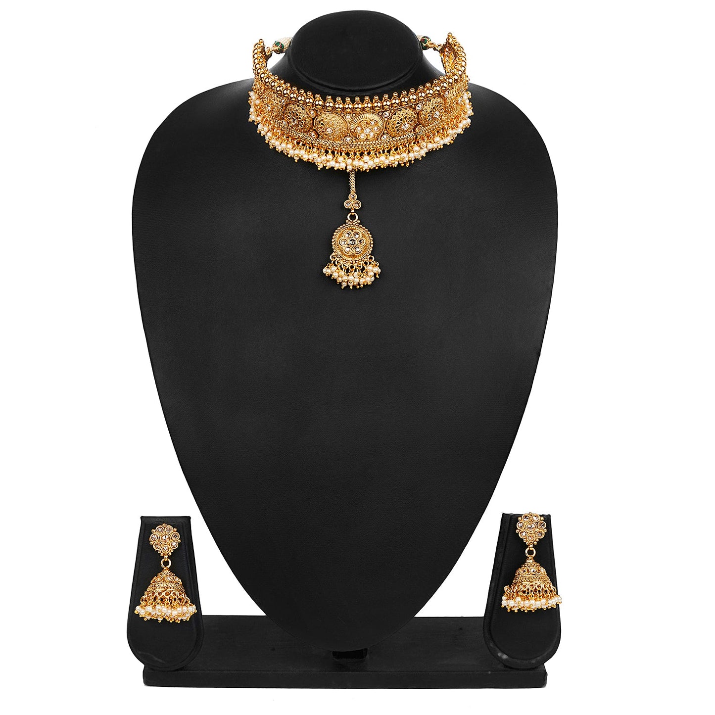 Pure Copper One Gram Kundan and Ruby Emerald CZ Studded Choker Necklace Combo Jewellery Set for Women wiith Kundan Earrings for Women (SJ_2875)