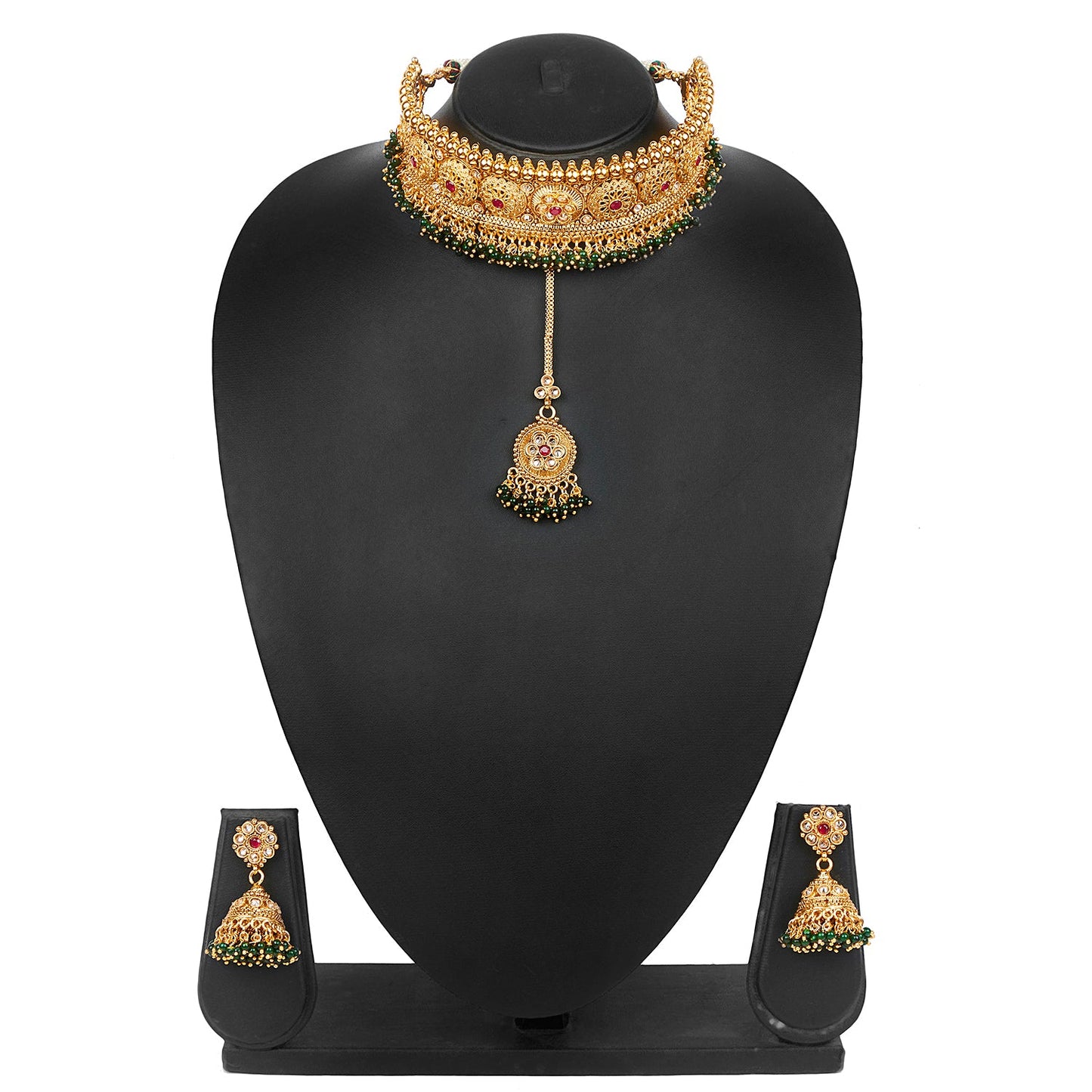 Pure Copper One Gram Kundan and Ruby Emerald CZ Studded Choker Necklace Combo Jewellery Set for Women wiith Kundan Earrings for Women (SJ_2876)