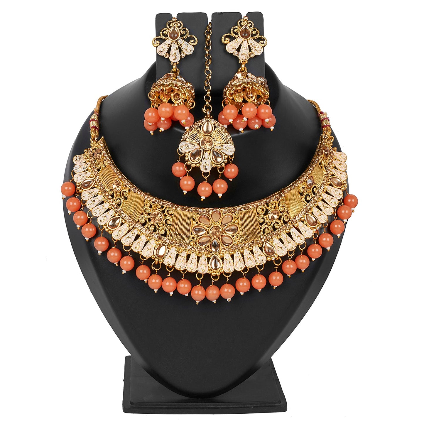 Shining Jewel 18K Antique Gold Plated One Gram Bridal Jewellery Combo Necklace Set with Tikka and Earrings for Women (SJ_2880_O)