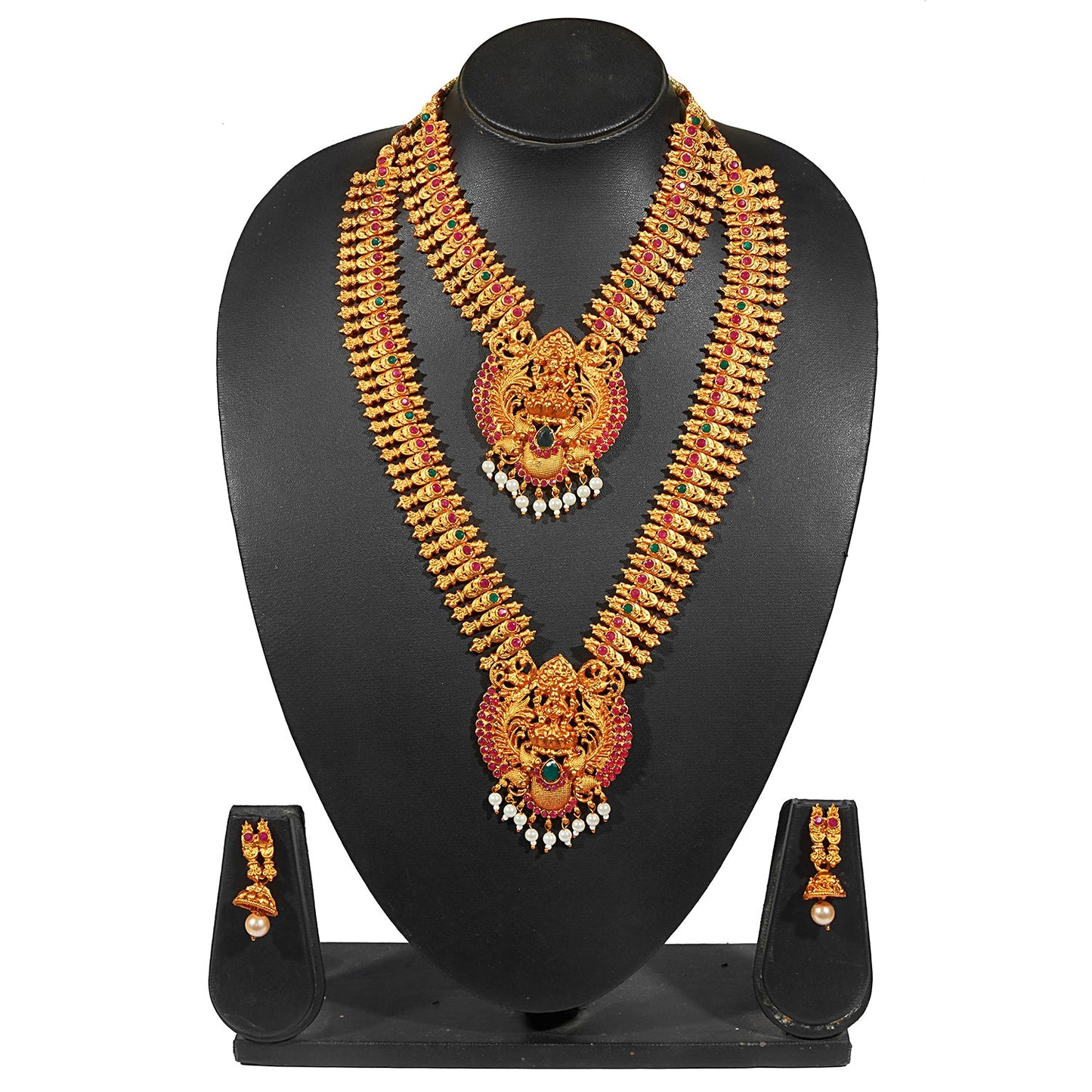 Shining Jewel Handcrafted Antique Gold Temple Jewellery Combo Bridal Dulhan Necklace Set With Matching Earring & Pearls For Women (SJ_2944)