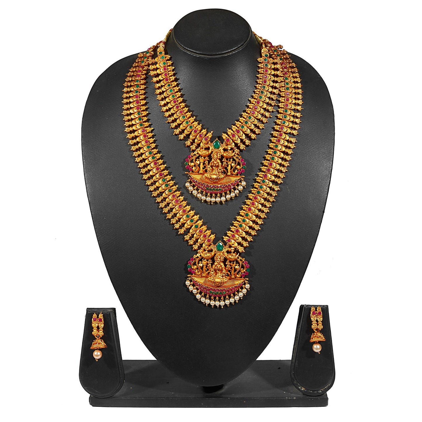 Shining Jewel Handcrafted Antique Gold Temple Jewellery Combo Bridal Dulhan Necklace Set With Matching Earring & Pearls For Women (SJ_2945)