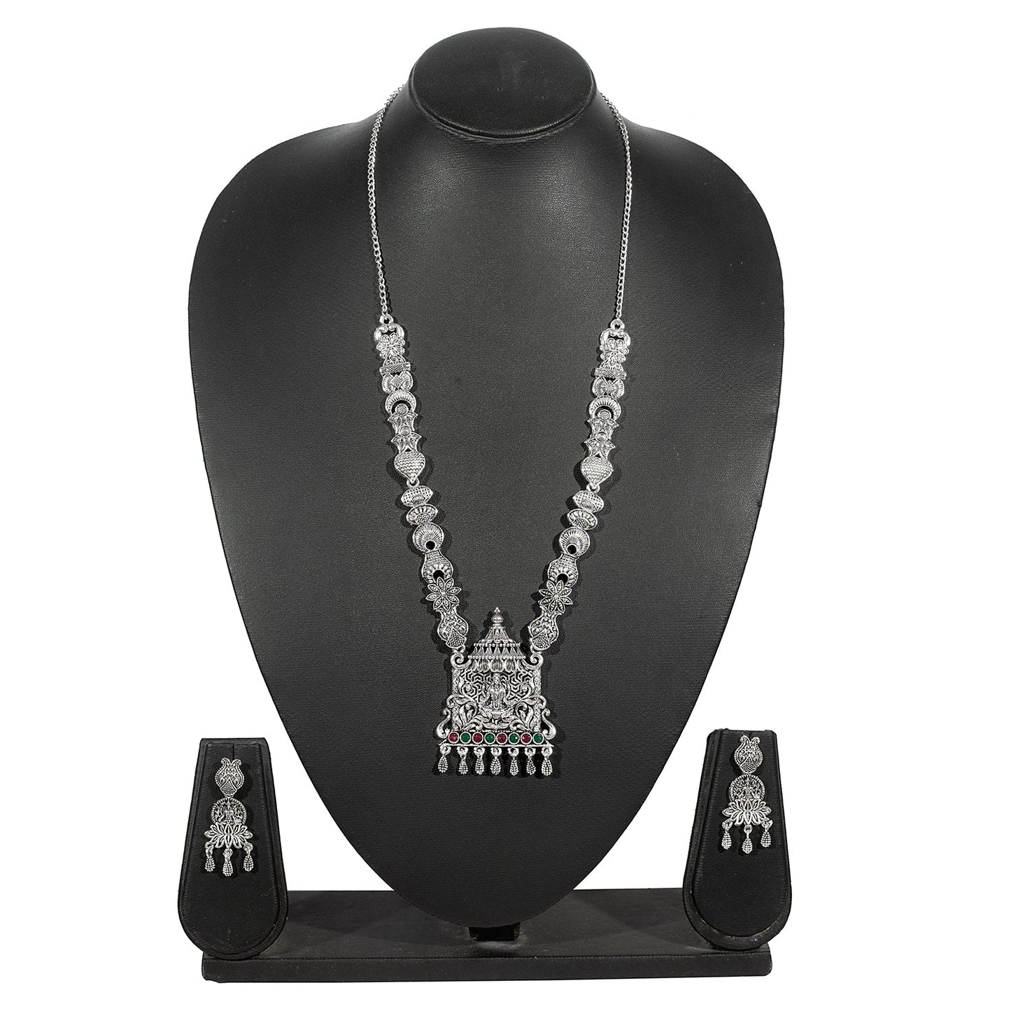 Shining Jewel Traditional Antique Silver Plated Godess Lakshmi Temple Jewellery Designer Stylish Traditional Long Bridal Jewellery Necklace Set for Women (SJ_2965)