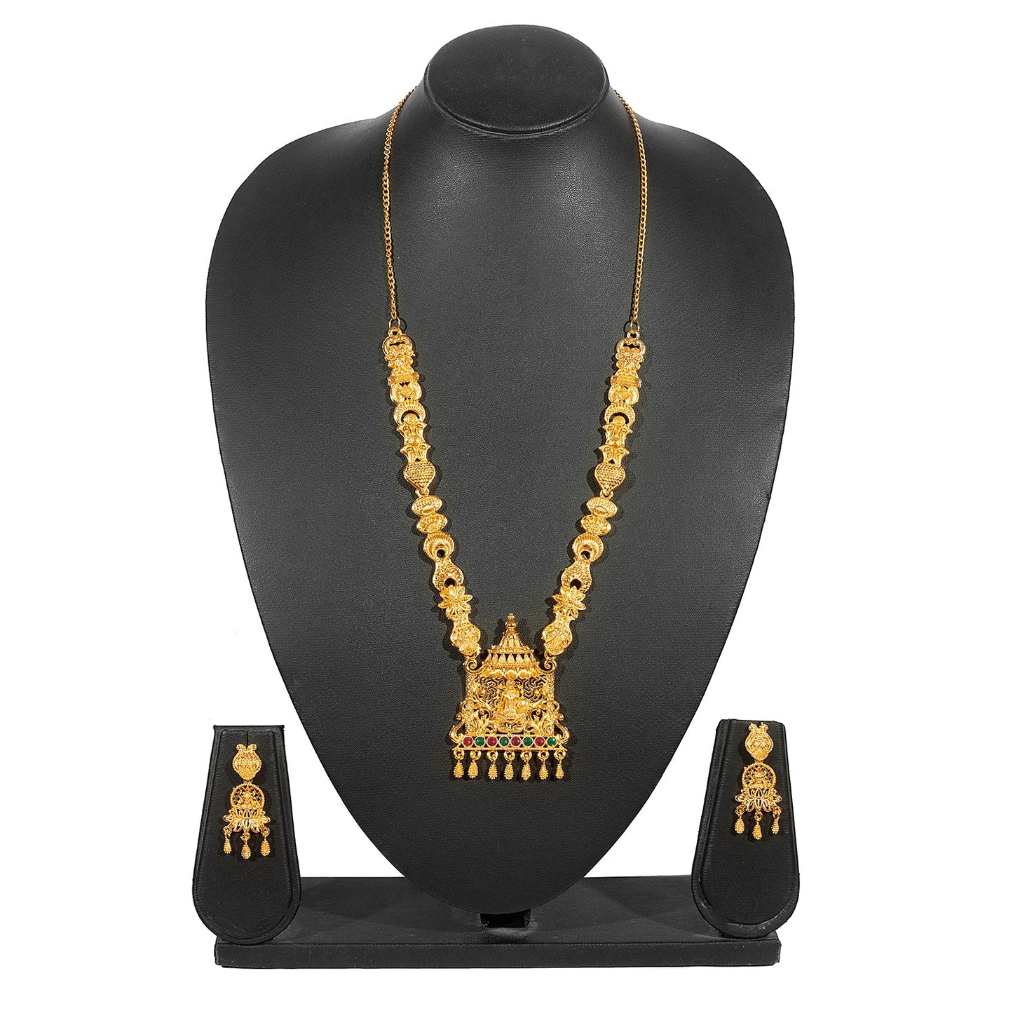Shining Jewel Traditional Gold Plated Godess Lakshmi Temple Jewellery Designer Stylish Traditional Long Bridal Jewellery Necklace Set for Women (SJ_2972)