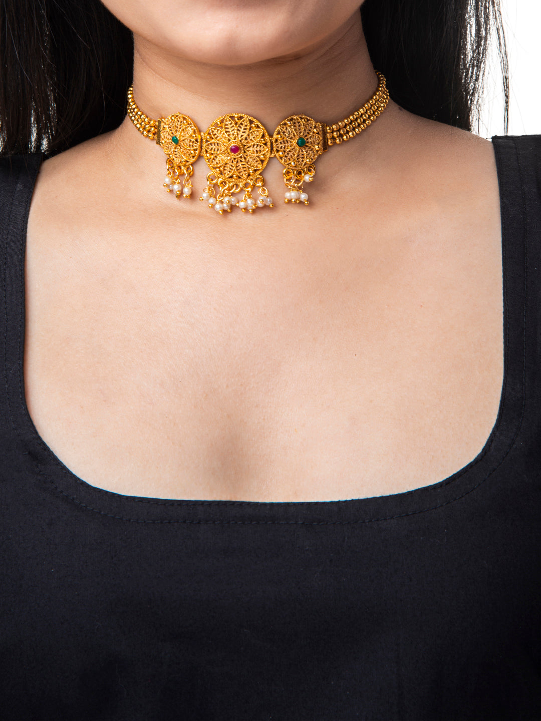Shining Jewel Designer Gold Plated Stylish Traditional Ethnic Thushi Choker Necklace Jewellery Set for Women (SJ_2973)