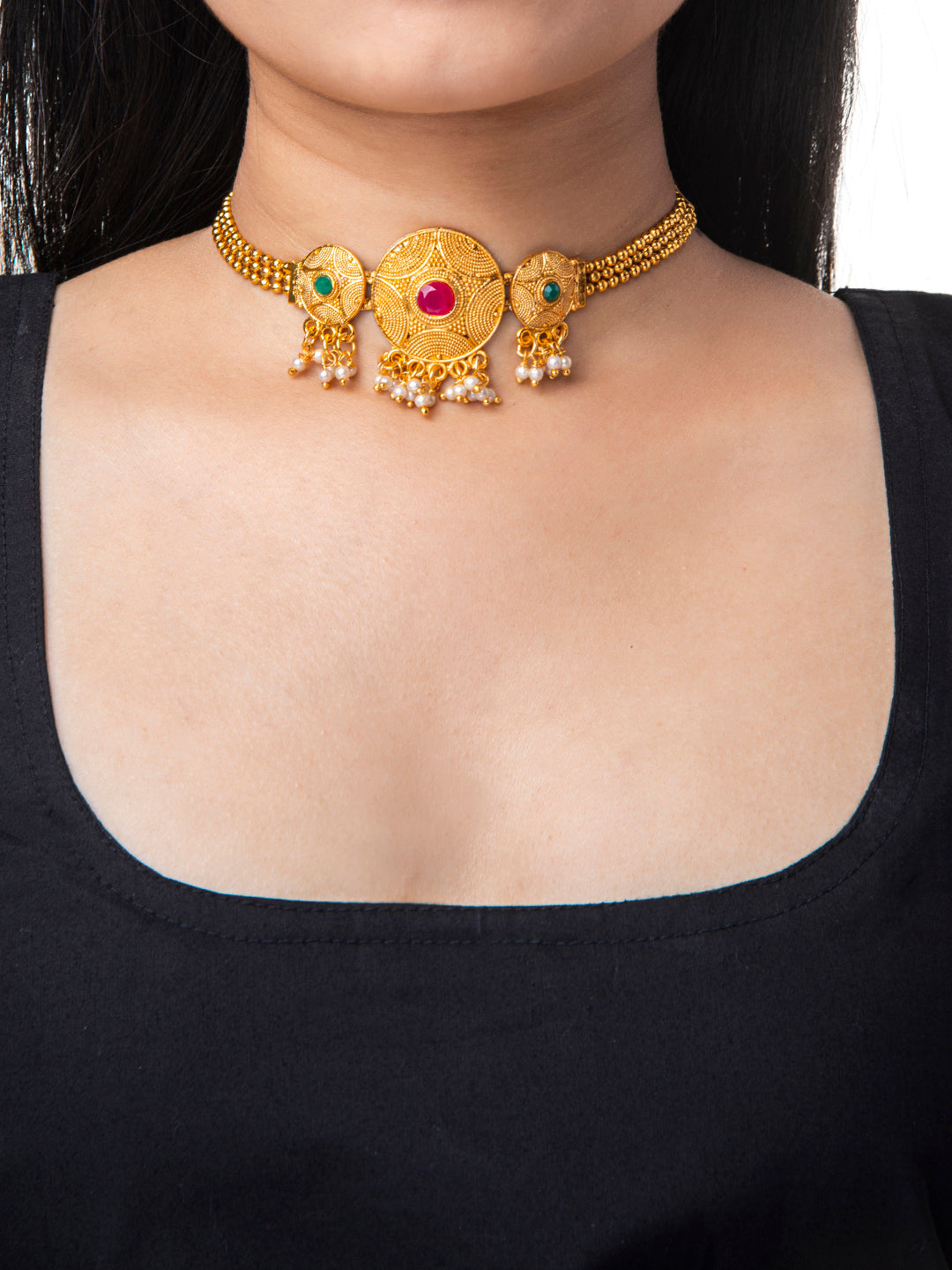 Shining Jewel Designer Gold Plated Stylish Traditional Ethnic Thushi Choker Necklace Jewellery Set for Women (SJ_2978)