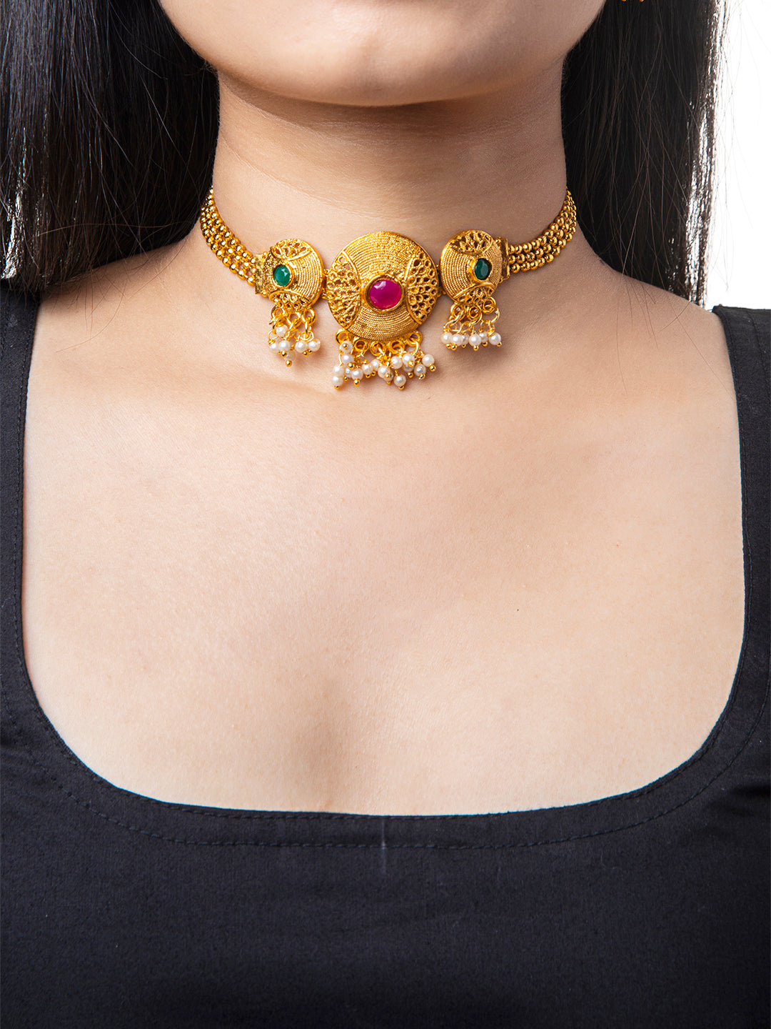 Shining Jewel Designer Gold Plated Stylish Traditional Ethnic Thushi Choker Necklace Jewellery Set for Women (SJ_2980)
