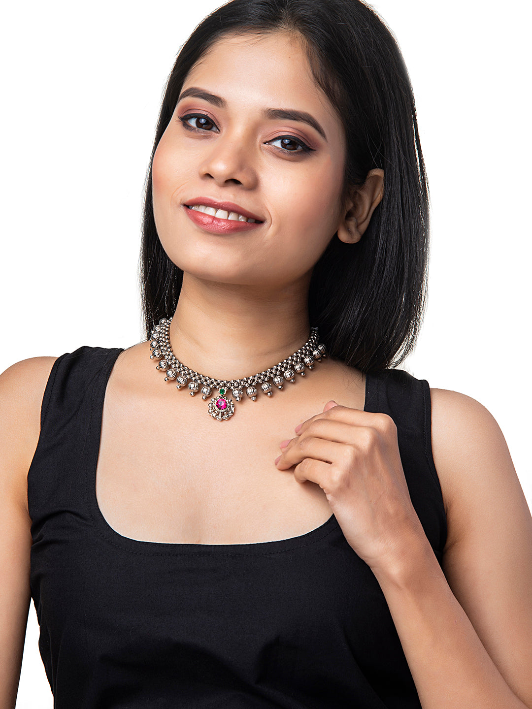 Shining Jewel Silver Oxidised Traditional Mangalsutra Thushi Necklace For Women & Girls (SJ_2994)