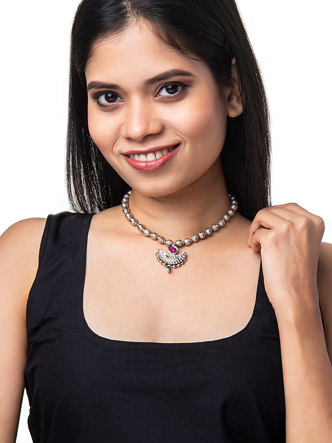 Shining Jewel Silver Oxidised Traditional Mangalsutra Thushi Necklace For Women & Girls (SJ_2997)