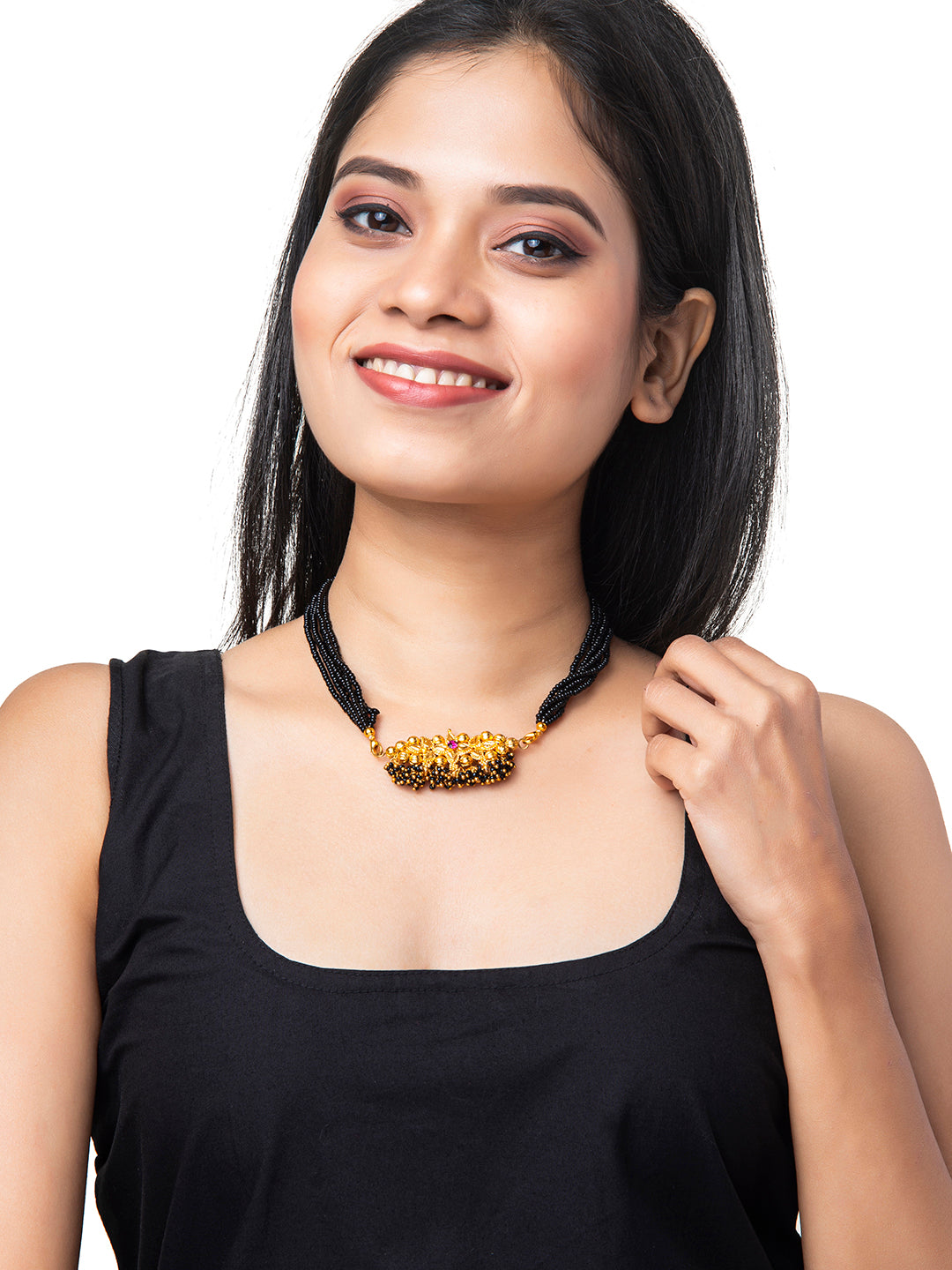 Shining Jewel Gold Plated Traditional Black Beads Thushi Mangalsutra Necklace For Women & Girls (SJ_2999_BK)