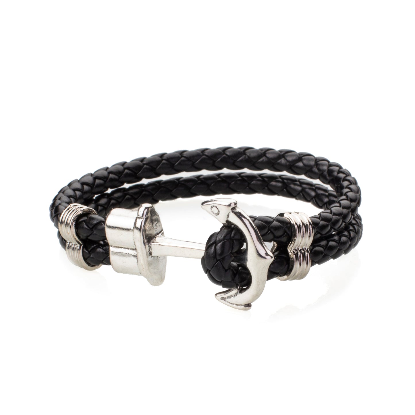 Multilayer Braided Leather Bracelet for Men / Boys with Stainless Steel Anchor Charm (SJ_3227_BK)