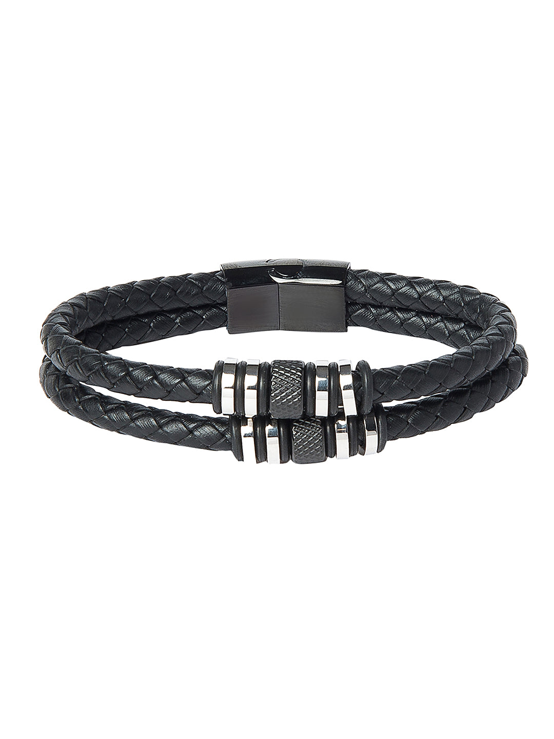 Braided Designer Stainless Steel and Leather Bracelet for Men Boys Black (SJ_3332)