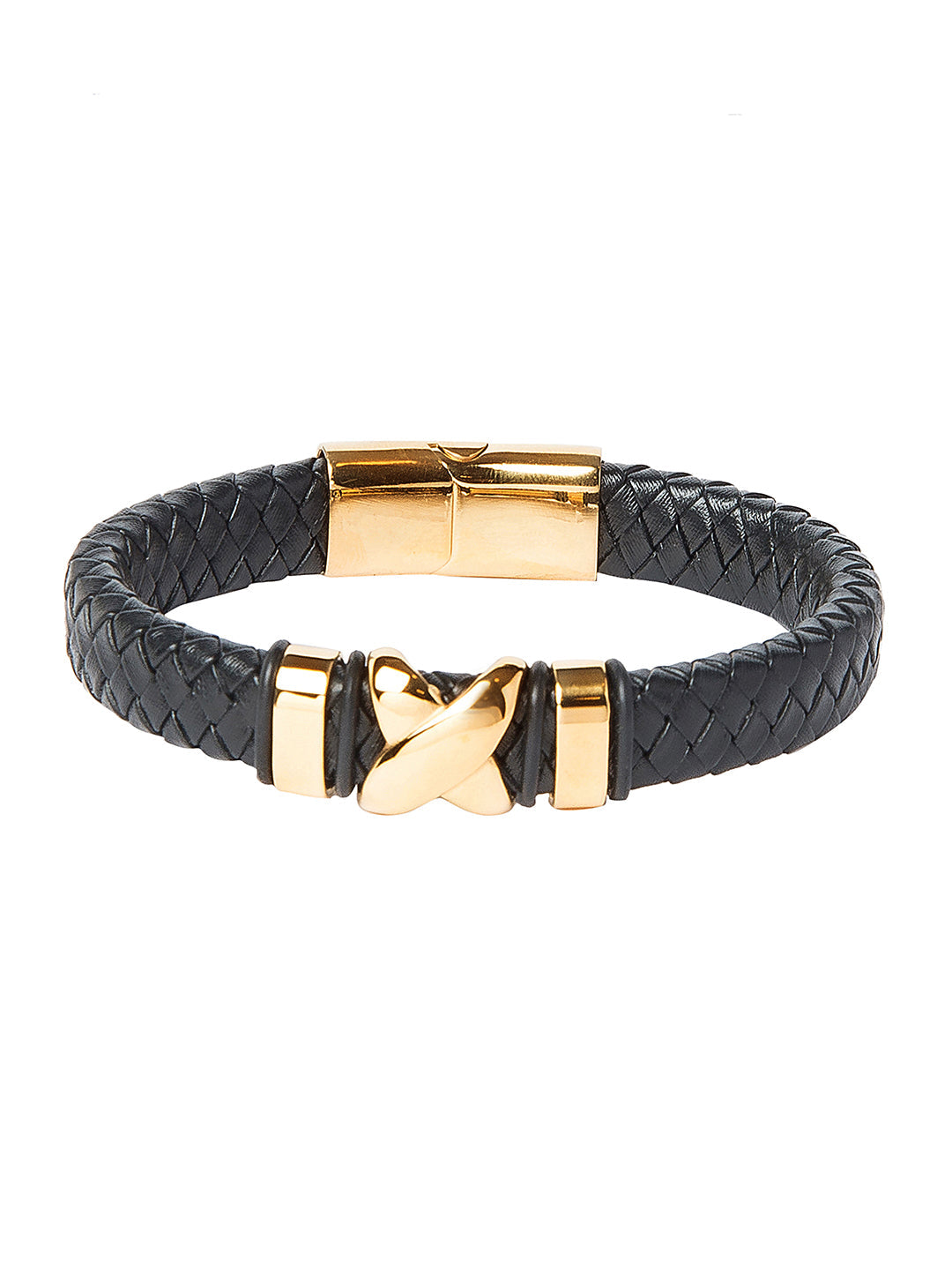 Braided Designer Stainless Steel and Leather Bracelet for Men Boys Black (SJ_3343_G)