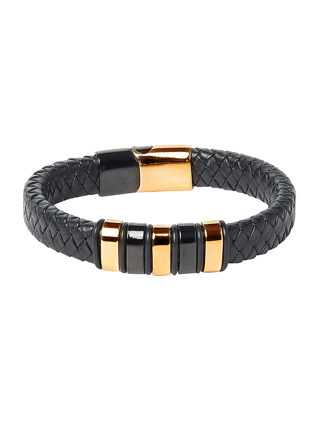 Braided Designer Stainless Steel and Leather Bracelet for Men Boys Black (SJ_3345_G)