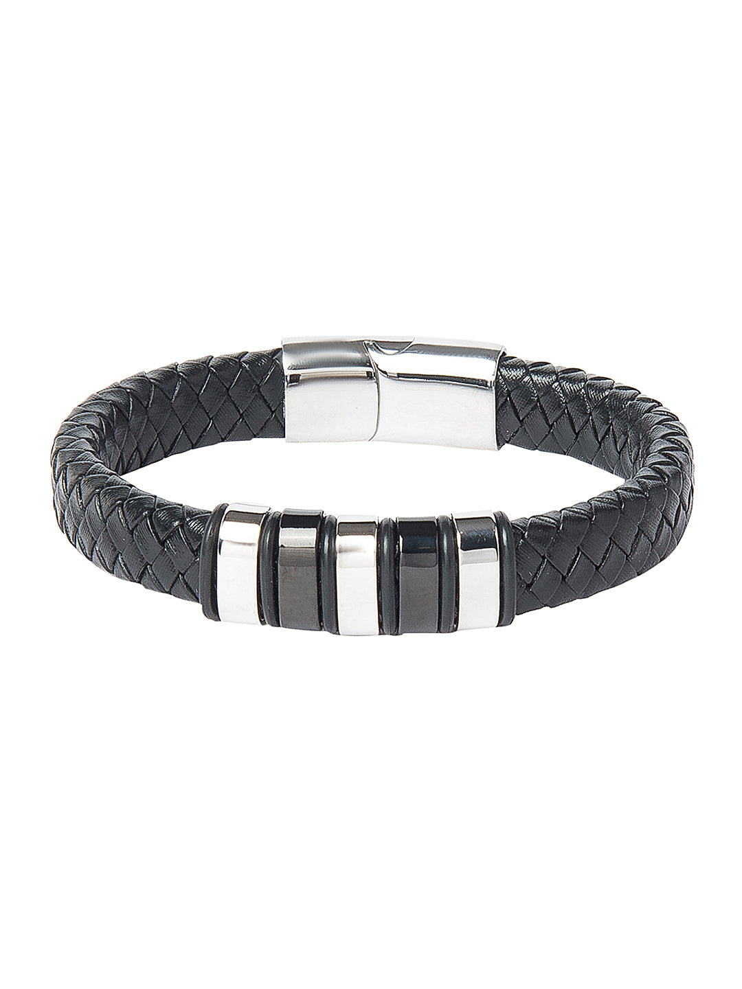 Braided Designer Stainless Steel and Leather Bracelet for Men Boys Black (SJ_3345_S)