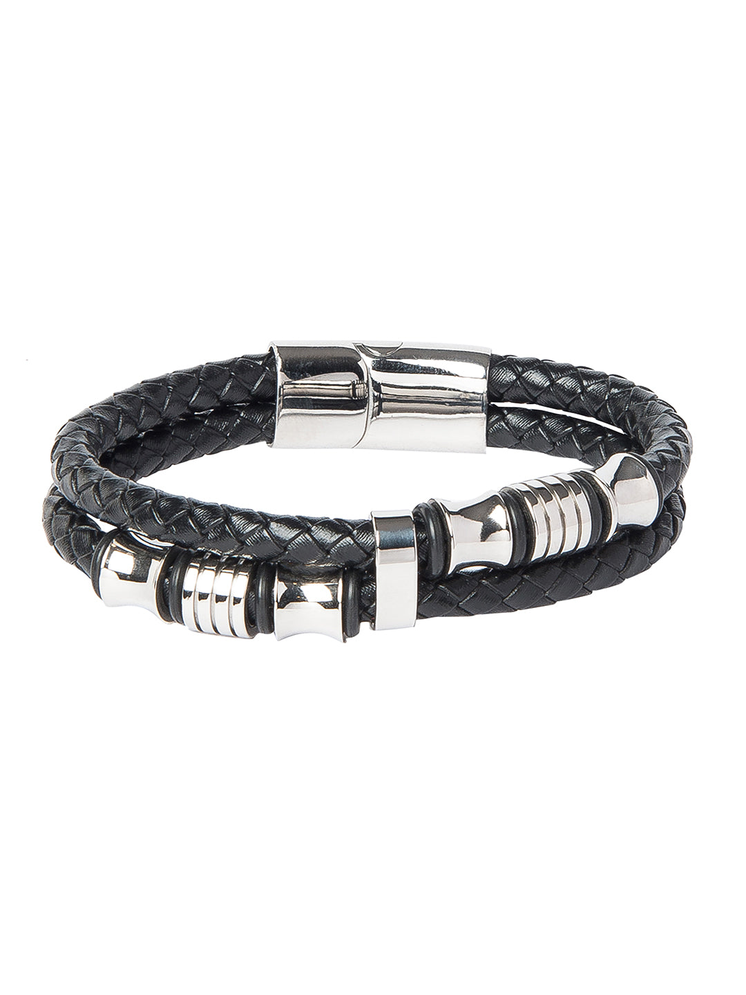 Braided Designer Stainless Steel and Leather Bracelet for Men, Boys Black (SJ_3347_S)