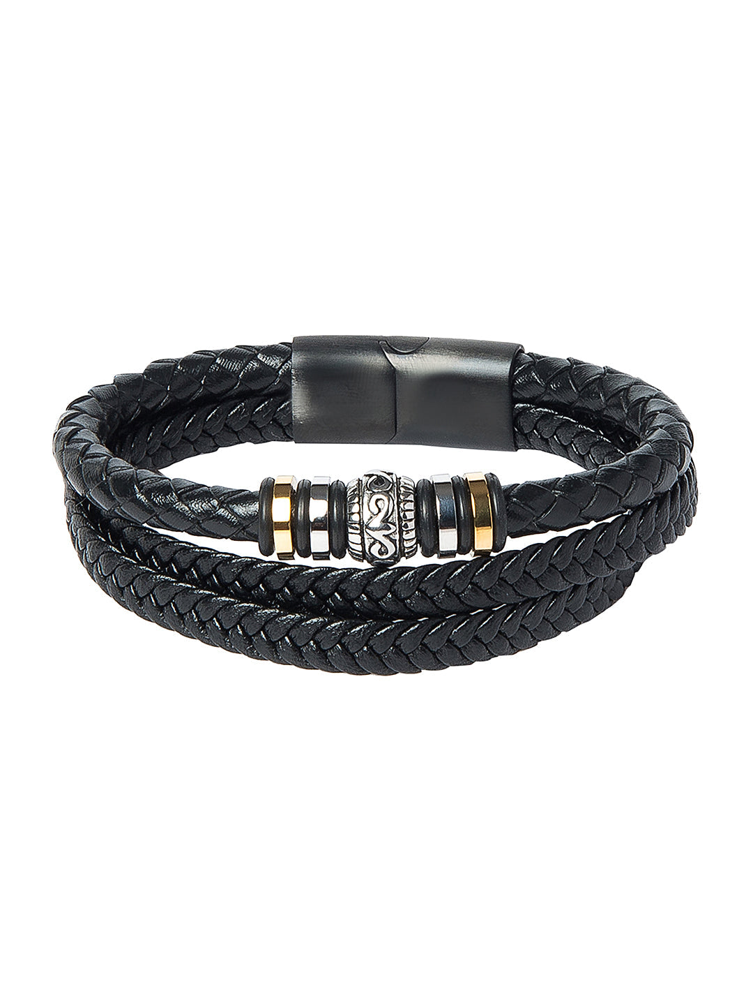 Braided Designer Stainless Steel and Leather Bracelet for Men,Boys Black (SJ_3356)