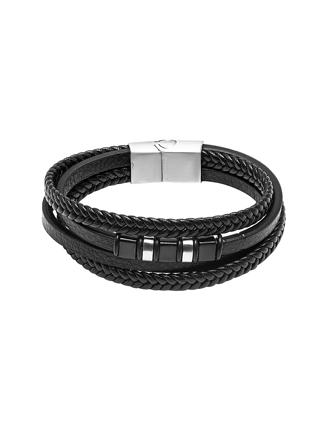 Braided Designer Stainless Steel and Leather Bracelet for Men, Boys Black (SJ_3396_BK)