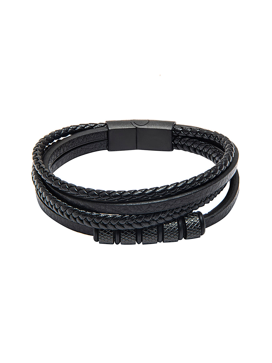 Braided Designer Stainless Steel and Leather Bracelet for Men, Boys Black(SJ_3398_BK)on