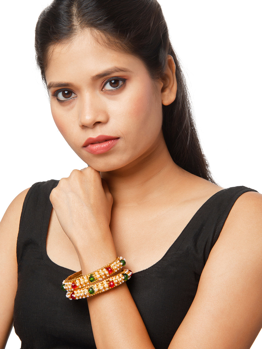 Shining Jewel Gold Plated Crystal Kundan Traditional Kada Bangle Set for Women (Set of 2 Bangles) (SJ_3374_2.10)