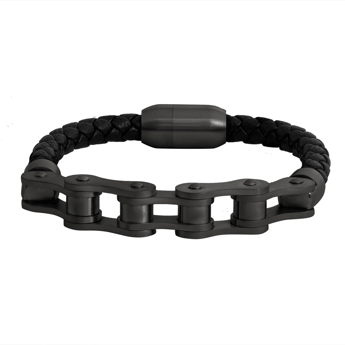 Bicker Chain Design Stainless Steel Braided Leather Bracelet for Men , Boys (SJ_3522_BK)