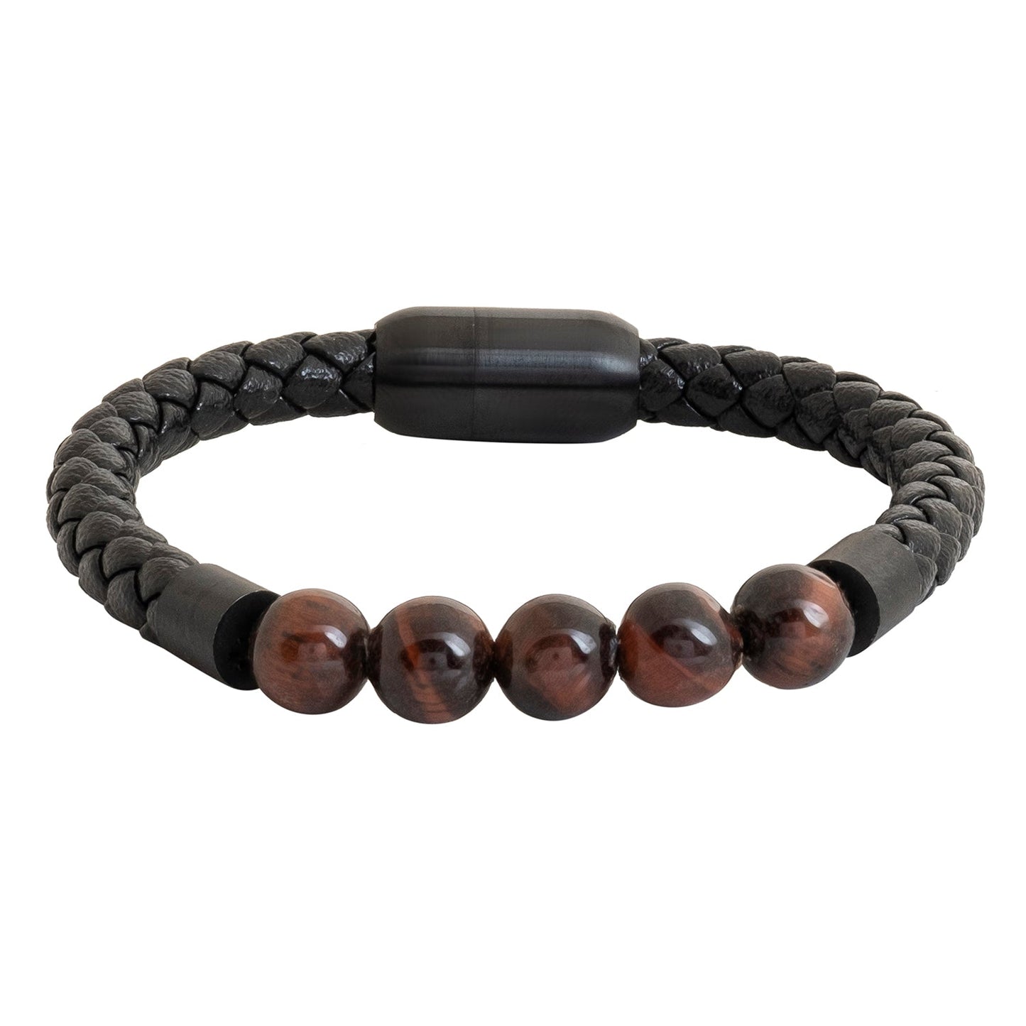 Braided Brown Beads Design Stainless Steel Black Leather Bracelet for Men, Boys (SJ_3532_BR)