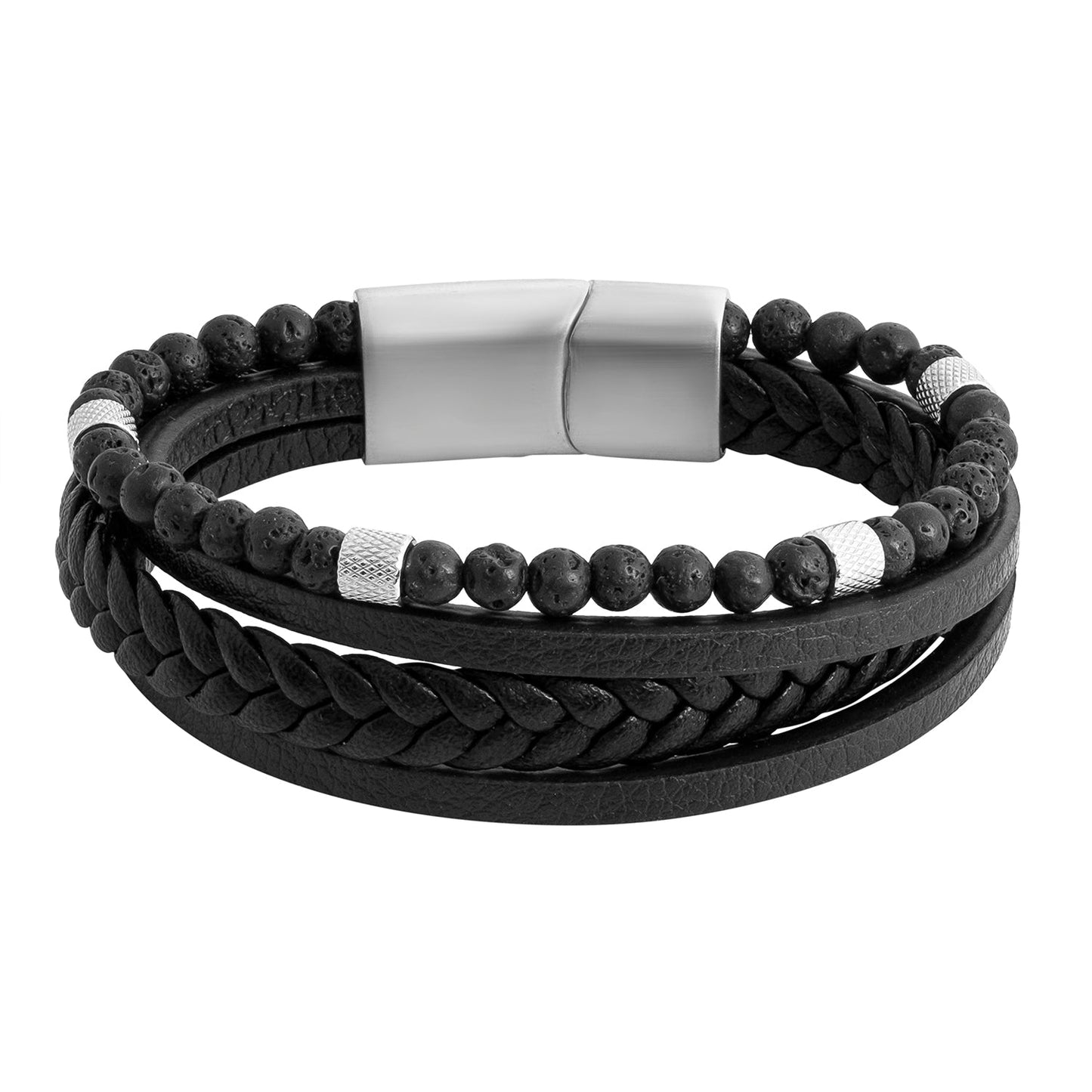 Braided Design Stainless Steel and Leather Bracelet for Men, Boys (SJ_3558_BK)