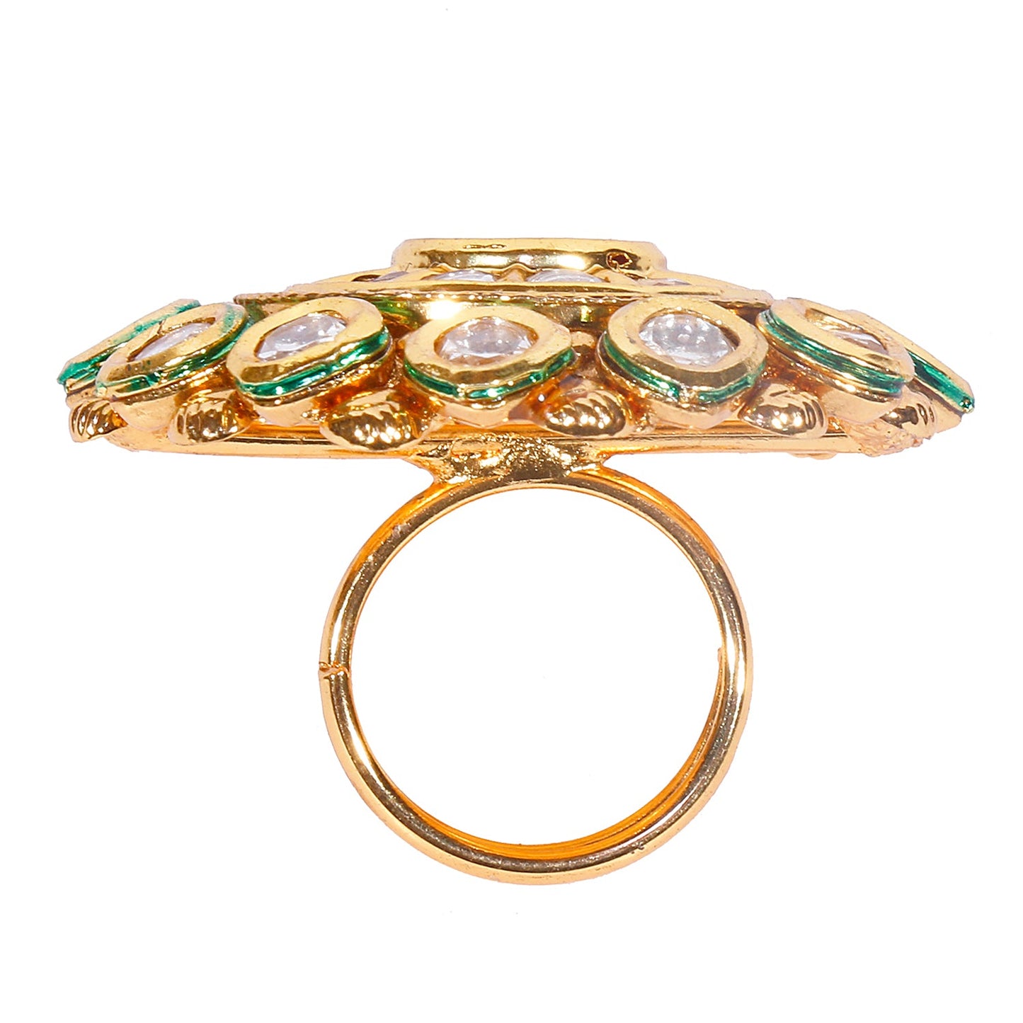 Shiining Jewel Gold Plated Pure Copper Kundan, LCT, Pearls and CZ studded Traditonal Big Oversized Finger Ring for Women (SJ_4251)