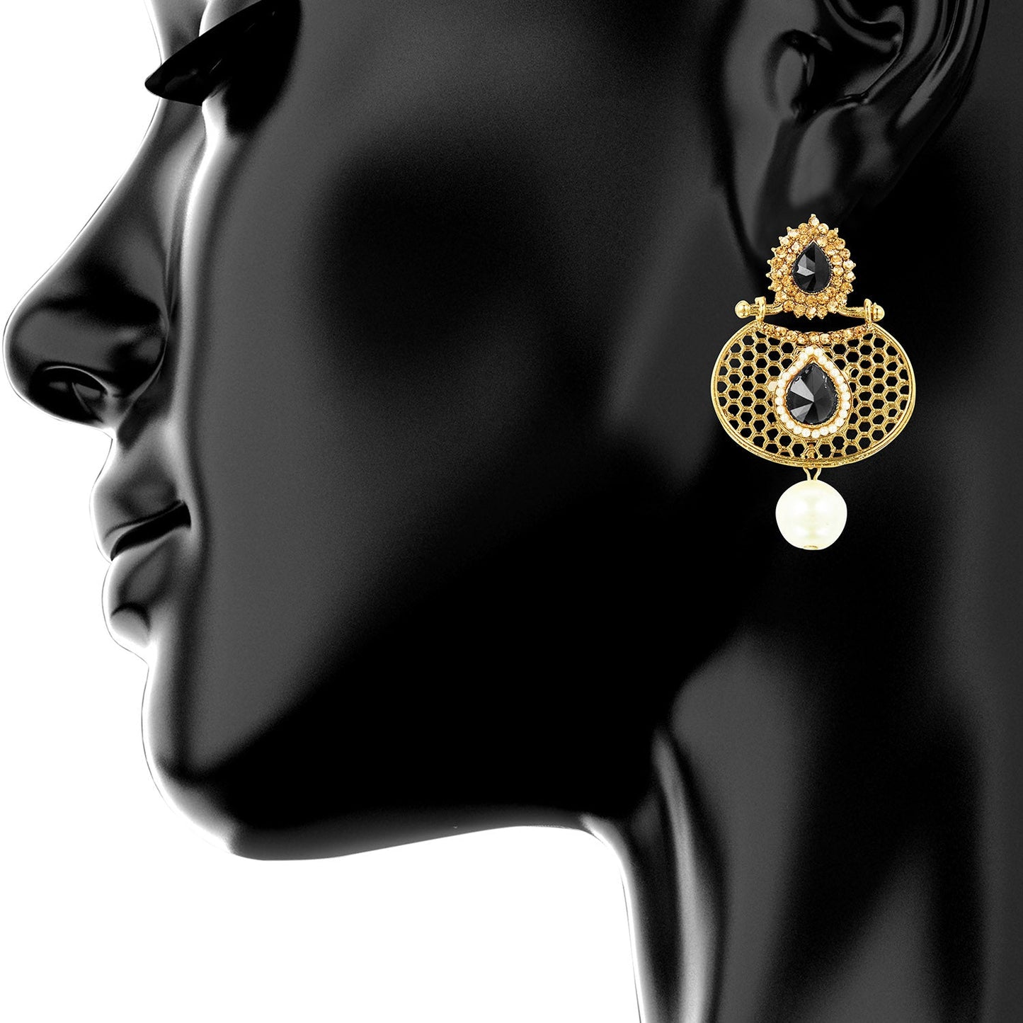 Traditional Ethnic And Fancy Drop Earring With Black & Champagne Crystals And Pearls (SJ_509)