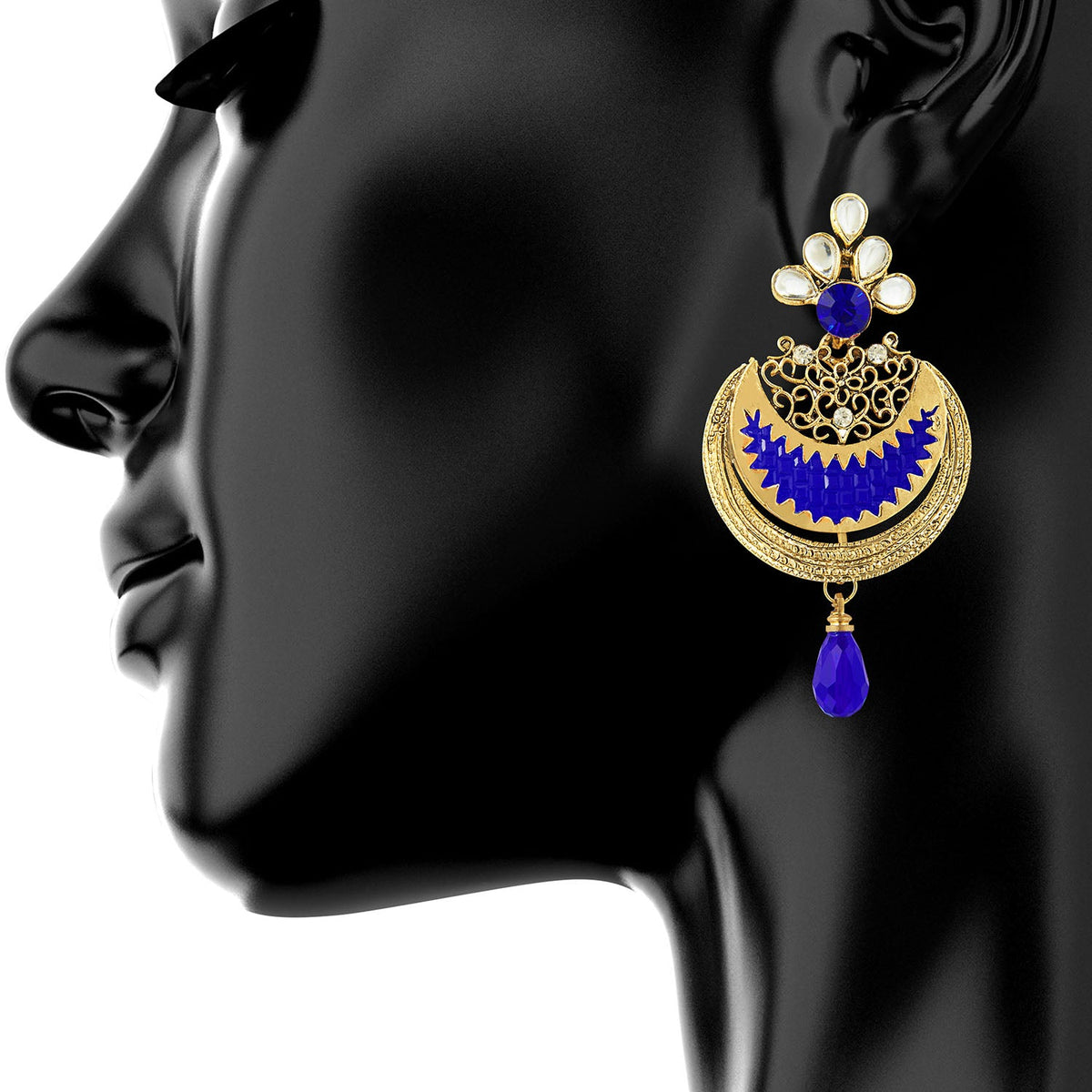 Traditional Hyderabadi Chandbali Earring With Blue Crystals And Pearls (SJ_536)
