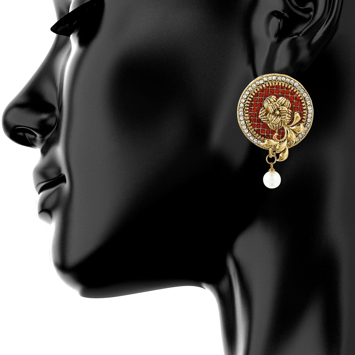 Traditional Ethnic And Fancy Earring With Red & Silver Crystals (SJ_543)