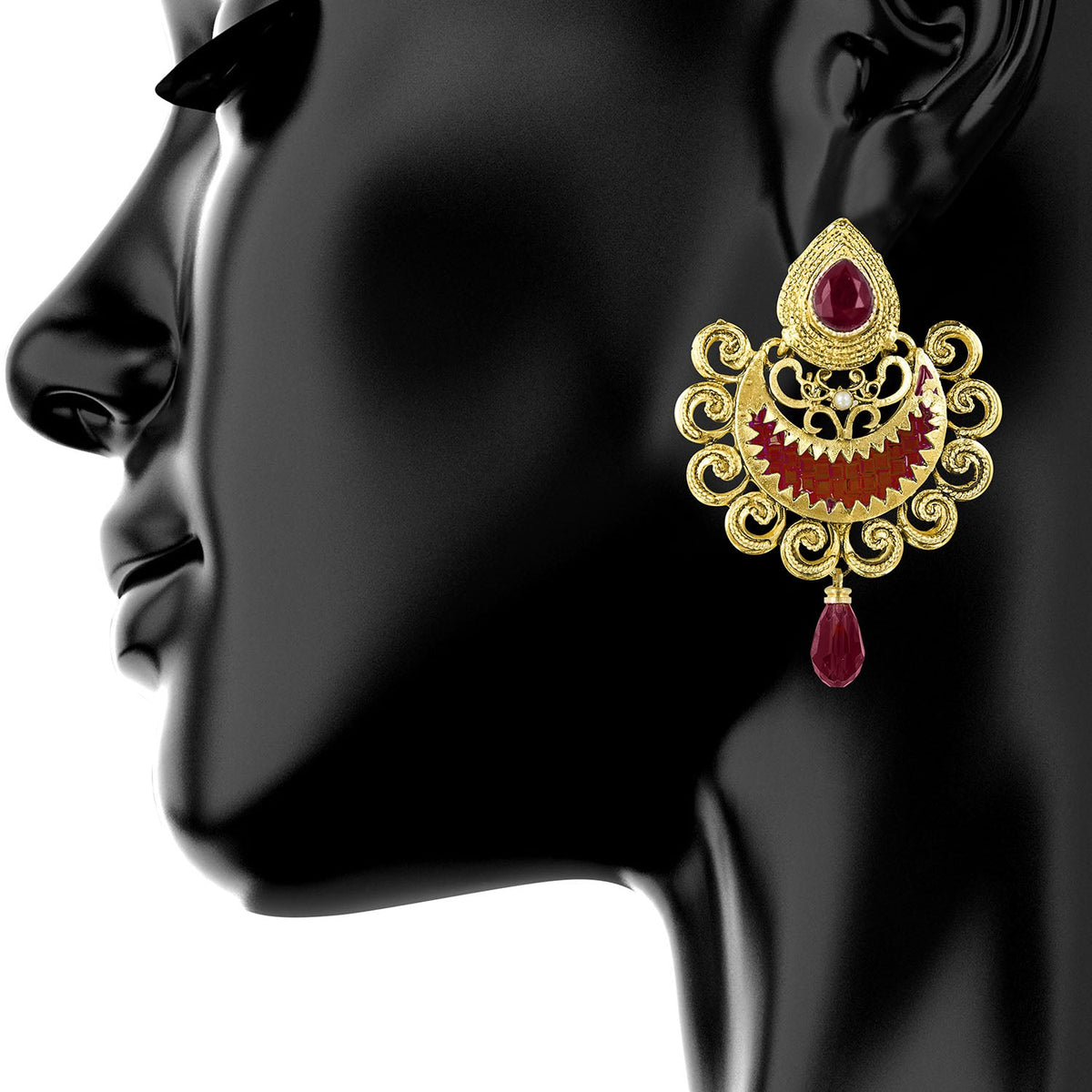 Traditional Hyderabadi Chandbali Earring With Red Crystals And Pearls (SJ_548)