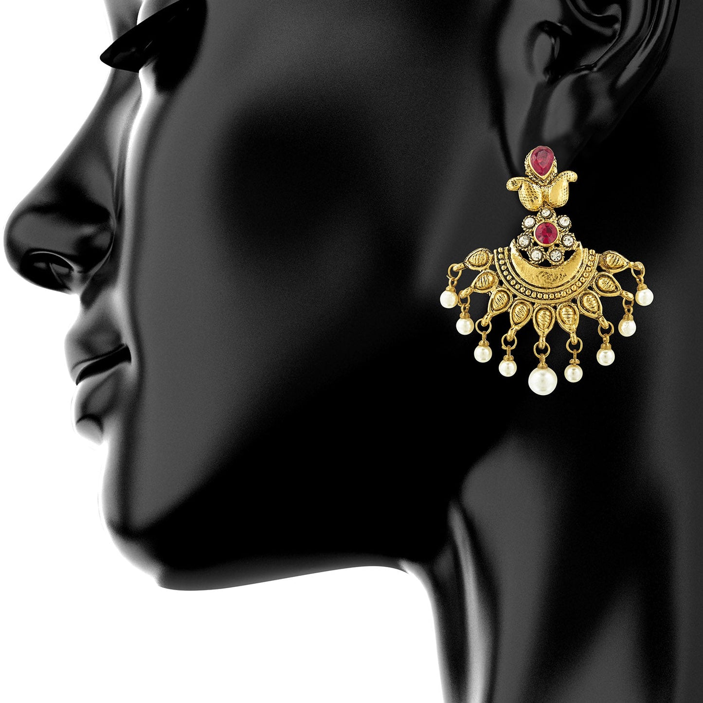 Traditional Hyderabadi Chandbali Earring With Red & Silver Crystals And Pearls (SJ_553)