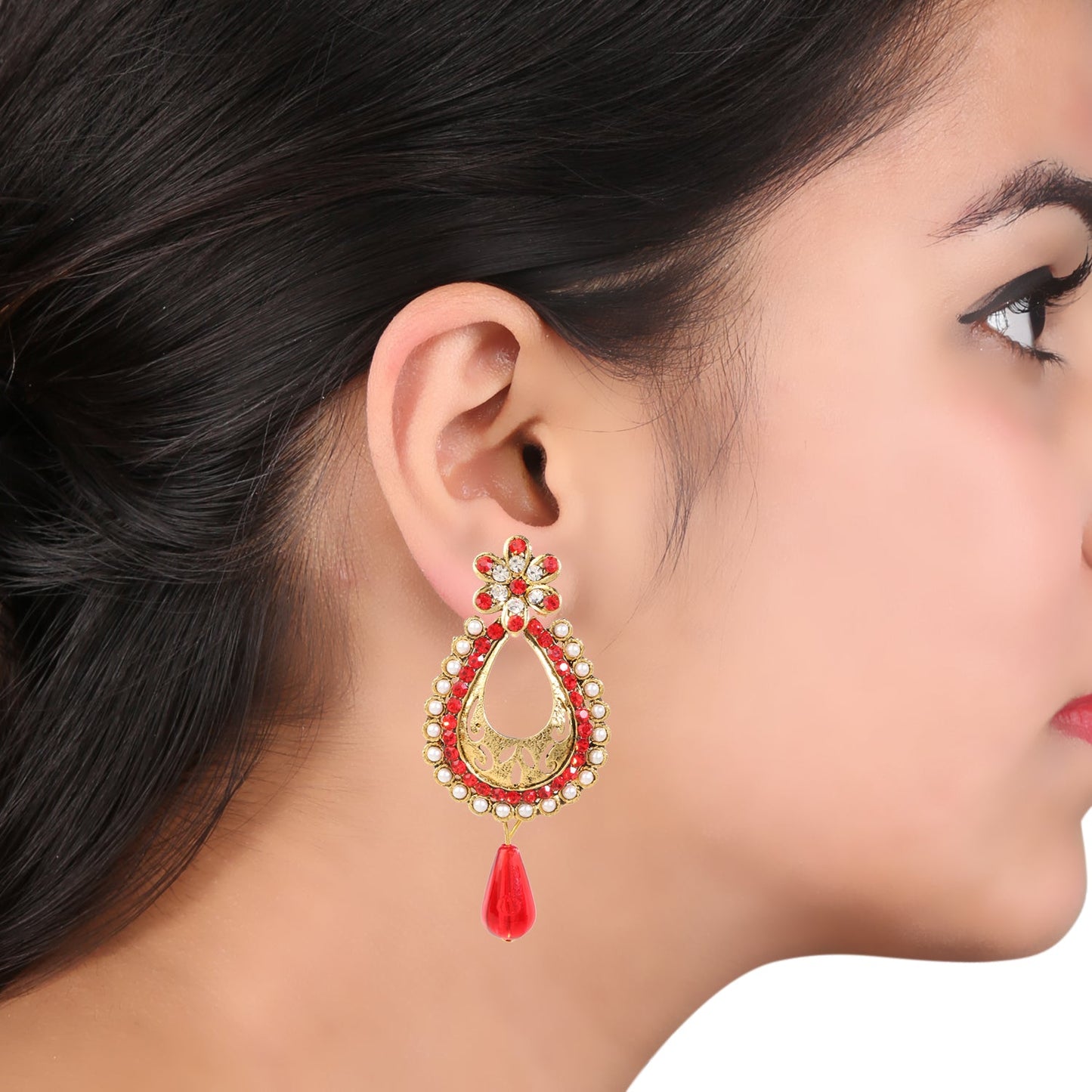 Traditional And Ethnic Drop Earring With Red Crystals And Pearls (SJ_603)