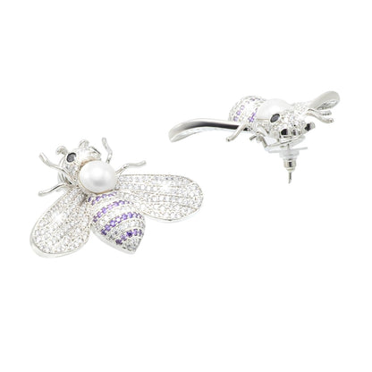 Western Design, CZ, Zirconia, Crystals, Pearls Rhodium Silver Plated Large Size Honey Bee Mosquito Bug Earrings for Women - (SJE_307_S_BL)