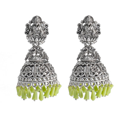 Traditional Indian Matte Silver Oxidised CZ Crystal Studded Temple Jhumka Earring For Women - Silver Maroon (SJE_100_S_M)