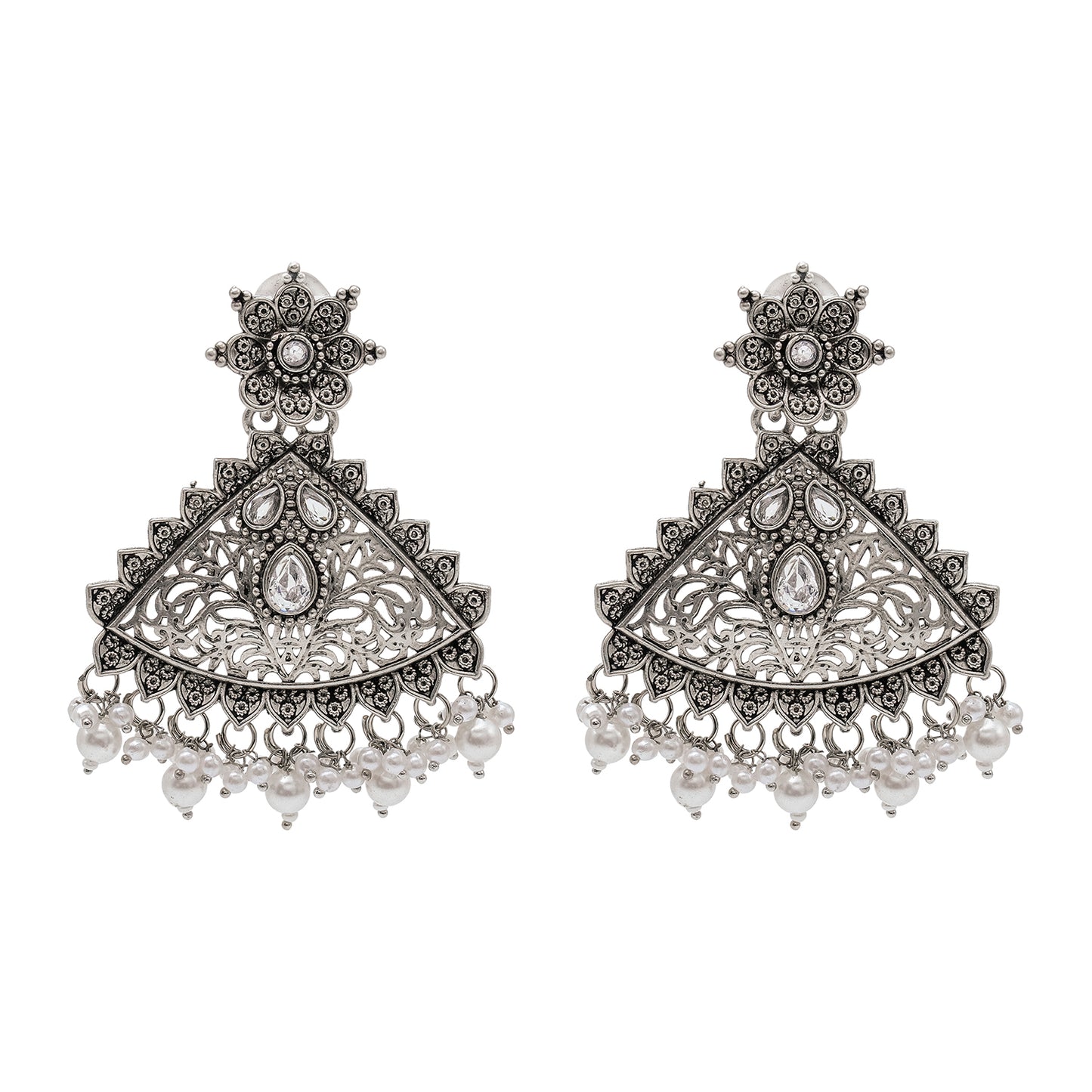 Traditional Indian Matte Silver Oxidised CZ Crystal Studded Drop Earring For Women - Silver  Maroon (SJE_125_S_M)