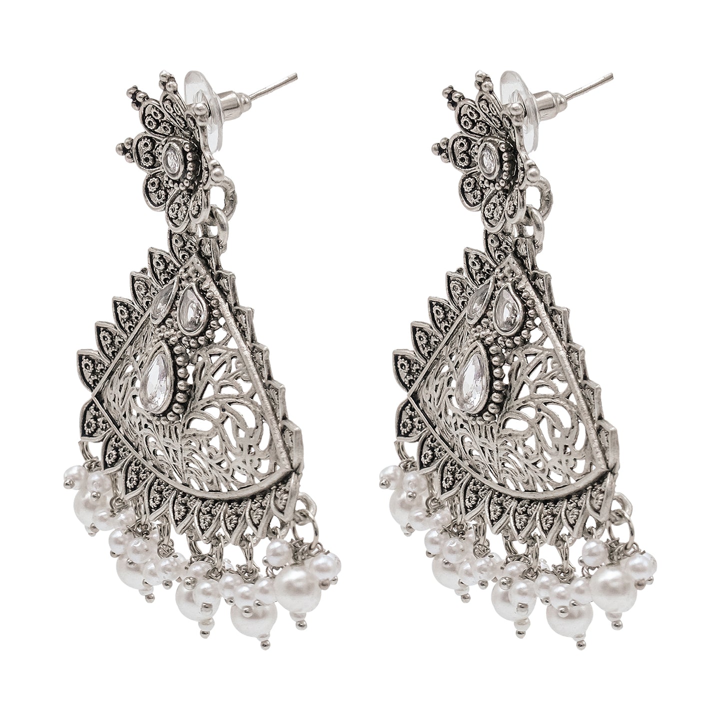 Traditional Indian Matte Silver Oxidised CZ Crystal Studded Drop Earring For Women - Silver  Maroon (SJE_125_S_M)