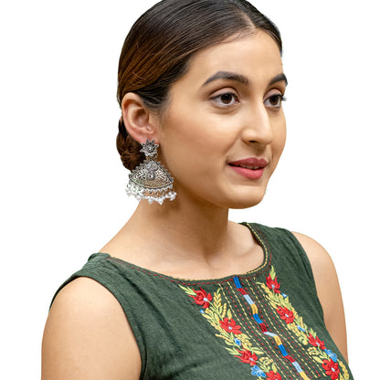 Traditional Indian Matte Silver Oxidised CZ Crystal Studded Drop Earring For Women - Silver  Maroon (SJE_125_S_M)