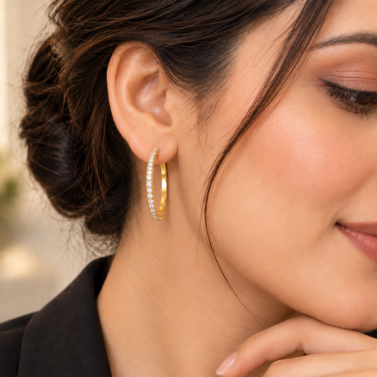 Moon Dust Gold Plated White CZ Studded Medium Sized Hoop Earrings for Women (MD_100_G)
