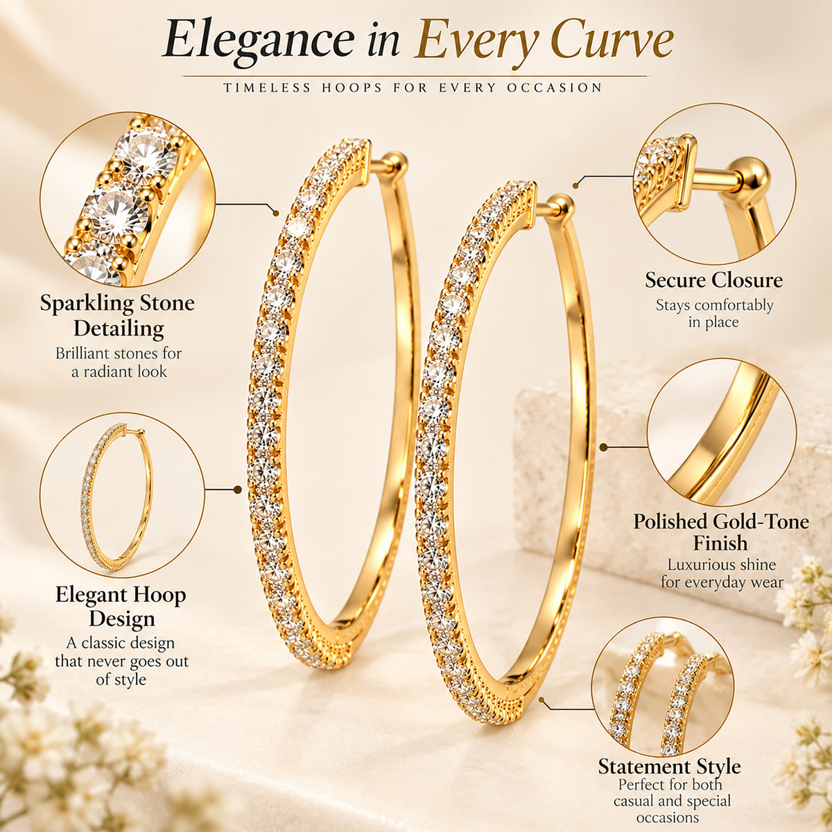 Moon Dust Gold Plated White CZ Studded Medium Sized Hoop Earrings for Women (MD_100_G)