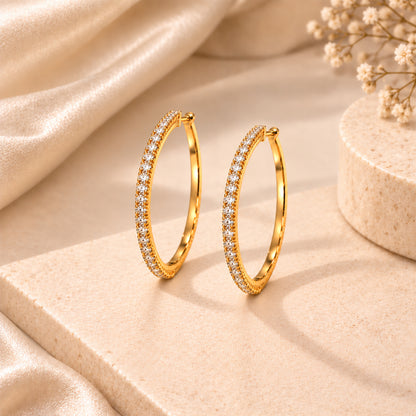 Moon Dust Gold Plated White CZ Studded Medium Sized Hoop Earrings for Women (MD_100_G)