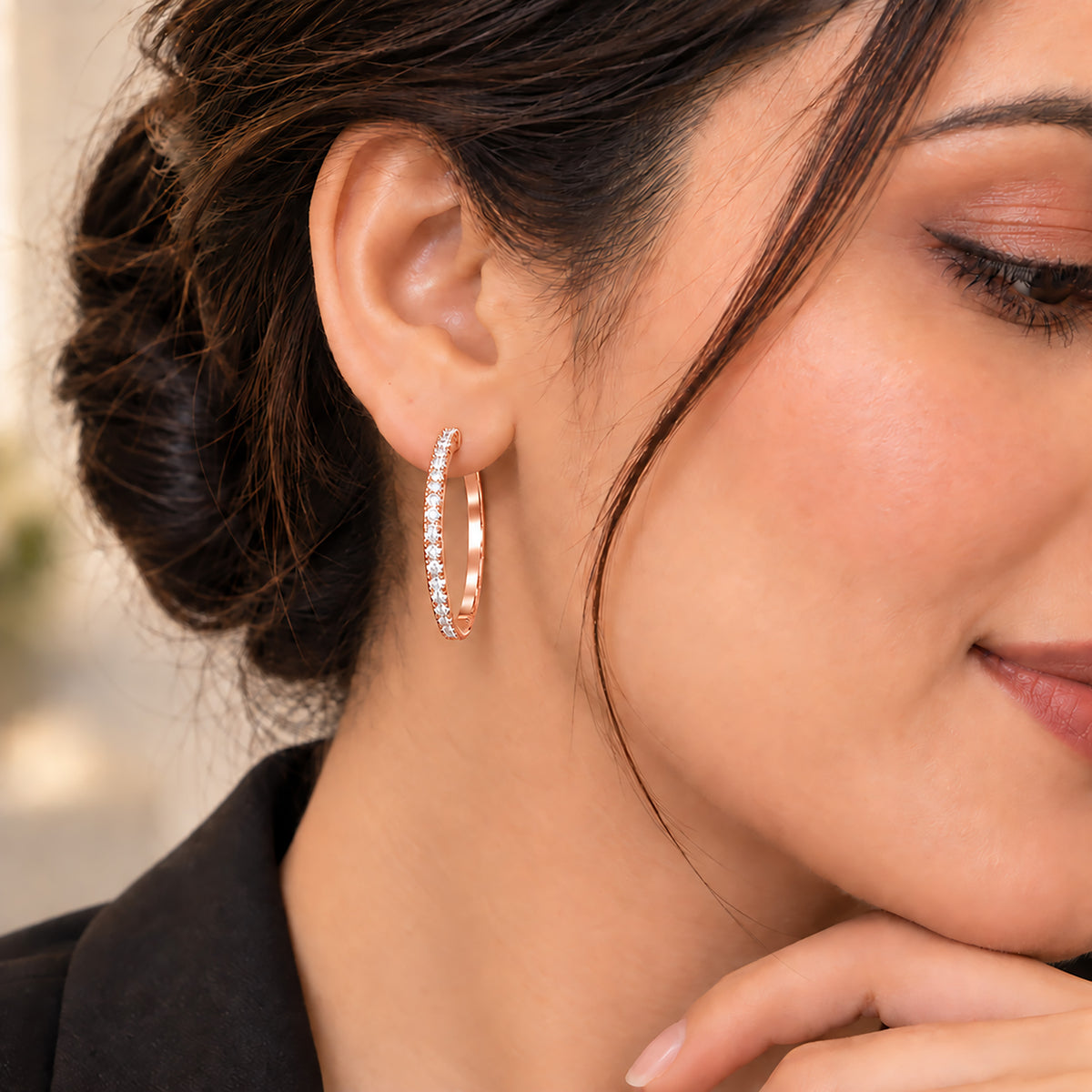 Moon Dust Rose Gold Plated White CZ Studded Medium Sized Hoop Earrings for Women (MD_100_RG)