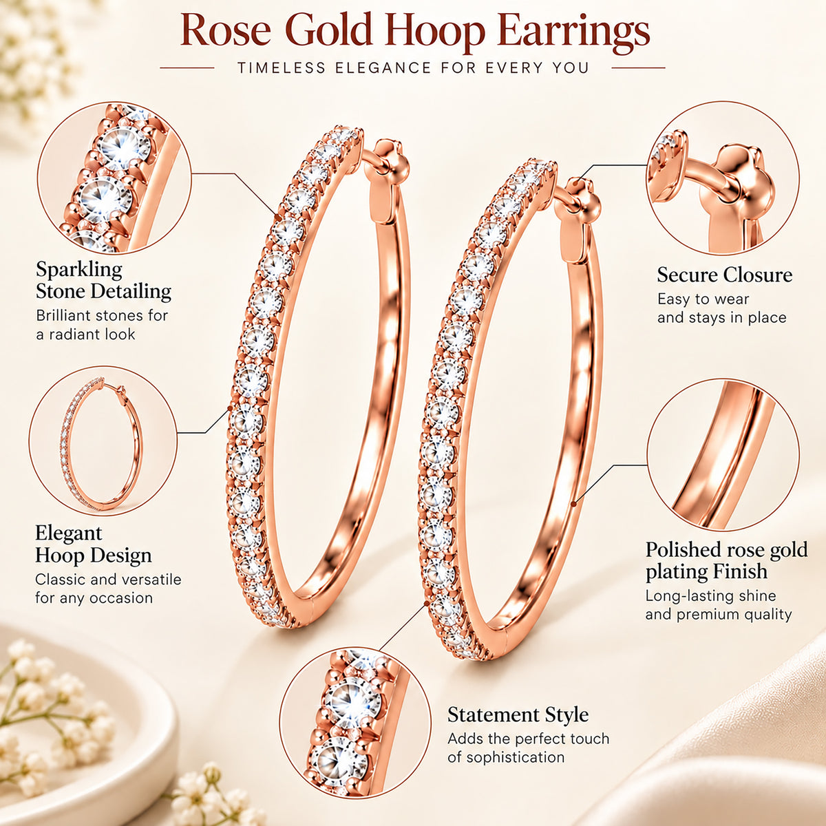Moon Dust Rose Gold Plated White CZ Studded Medium Sized Hoop Earrings for Women (MD_100_RG)