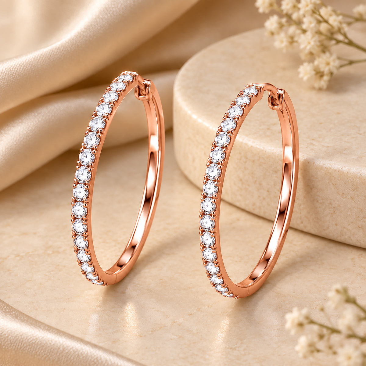 Moon Dust Rose Gold Plated White CZ Studded Medium Sized Hoop Earrings for Women (MD_100_RG)
