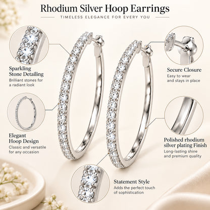 Moon Dust Silver Plated White CZ Studded Medium Sized Hoop Earrings for Women (MD_100_S)